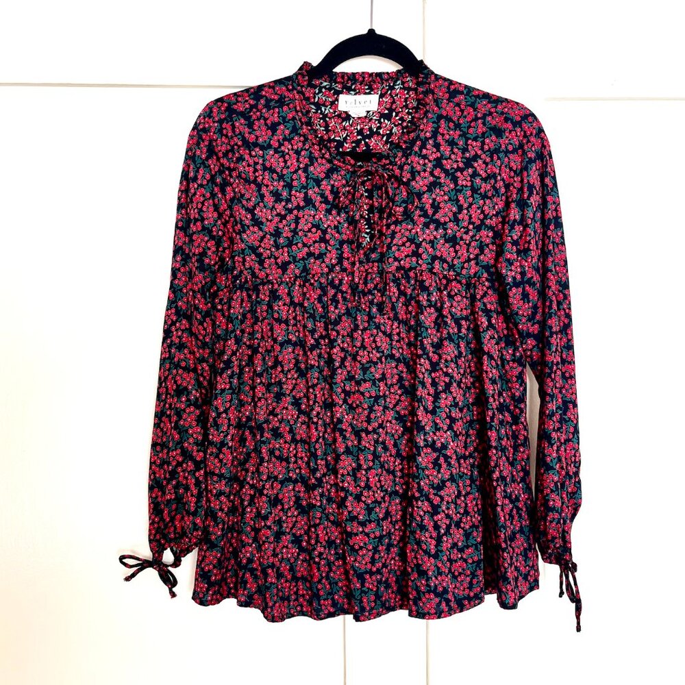 Velvet by Graham and Spencer, Like New Red and Black Floral Blouse, Size Medium